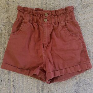 H&M Size 2 Rust High Waisted Denim Paper Bag Shorts (front button closure)